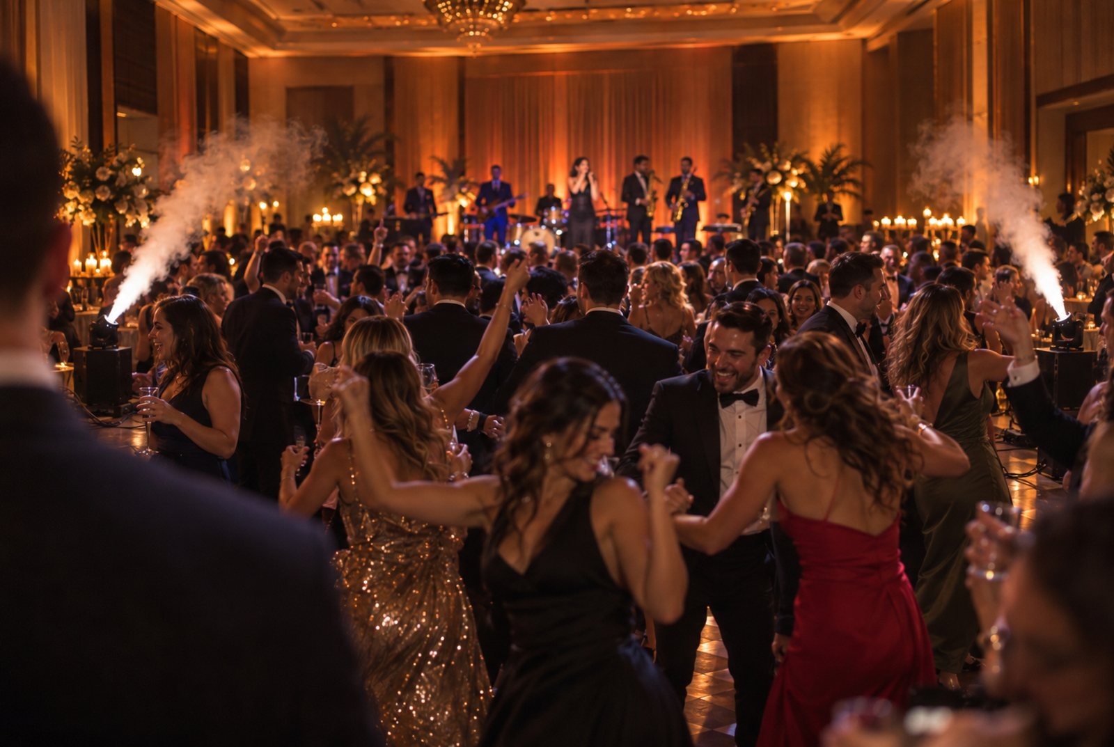 CO2 jets firing over a packed dance floor at a black tie corporate gala in Miami