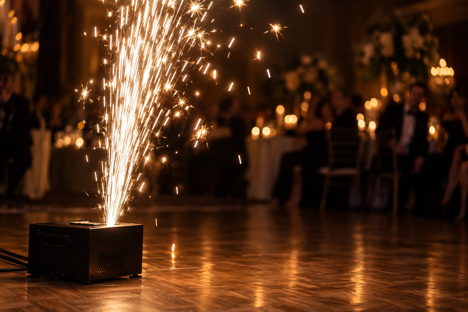 Close-up of a cold spark fountain firing at an indoor Miami reception