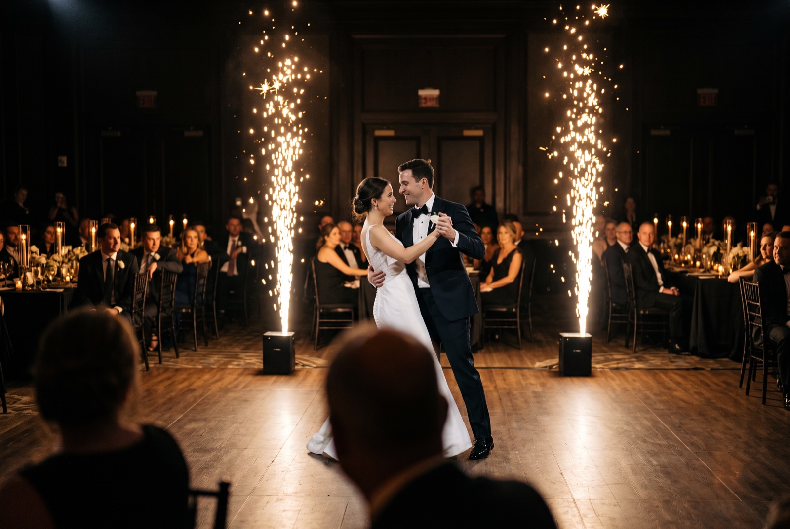 Cold spark fountains lighting up a wedding first dance on a Miami dance floor