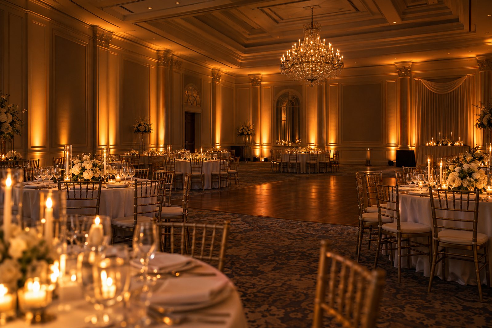 Event lighting design across a Miami ballroom with color washing the walls and ceiling