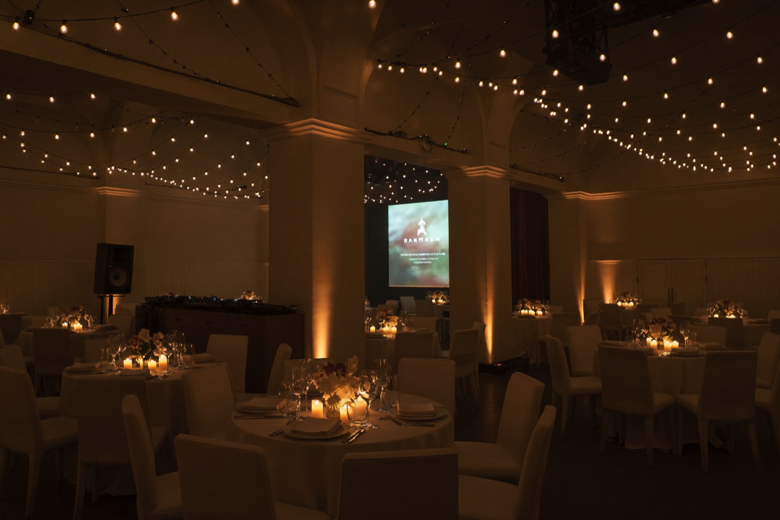 Miami ballroom set up with staging, lighting, and sound before a party begins