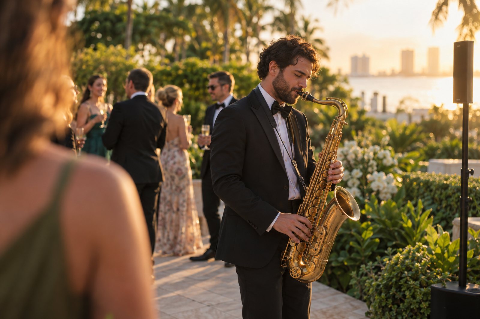 Saxophonist playing over a DJ set during cocktail hour at a Miami wedding